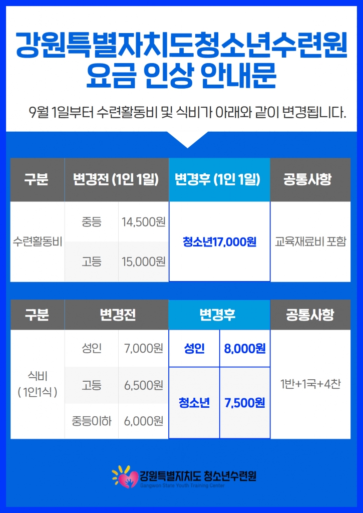 [강원특별자치도청소년수련원 ] 요금 인상 안내문 (수련활동비 및 식비)
